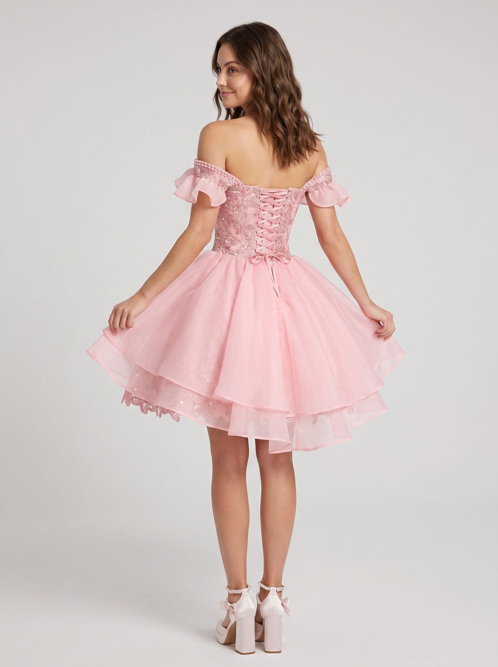 Petal Tulle A-Line Off-the-Shoulder Lace-up Short Dress with Beading - Curvevia