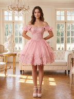 Petal Tulle A-Line Off-the-Shoulder Lace-up Short Dress with Beading - Curvevia