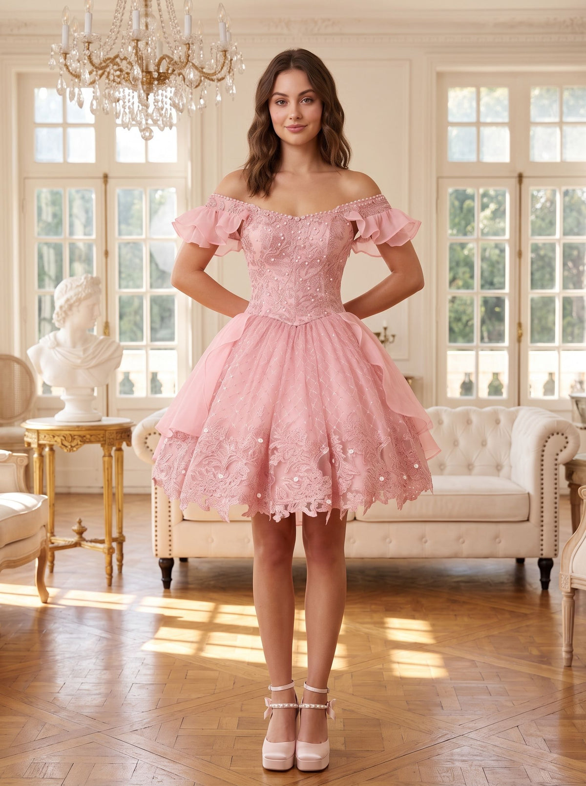 Petal Tulle A-Line Off-the-Shoulder Lace-up Short Dress with Beading - Curvevia