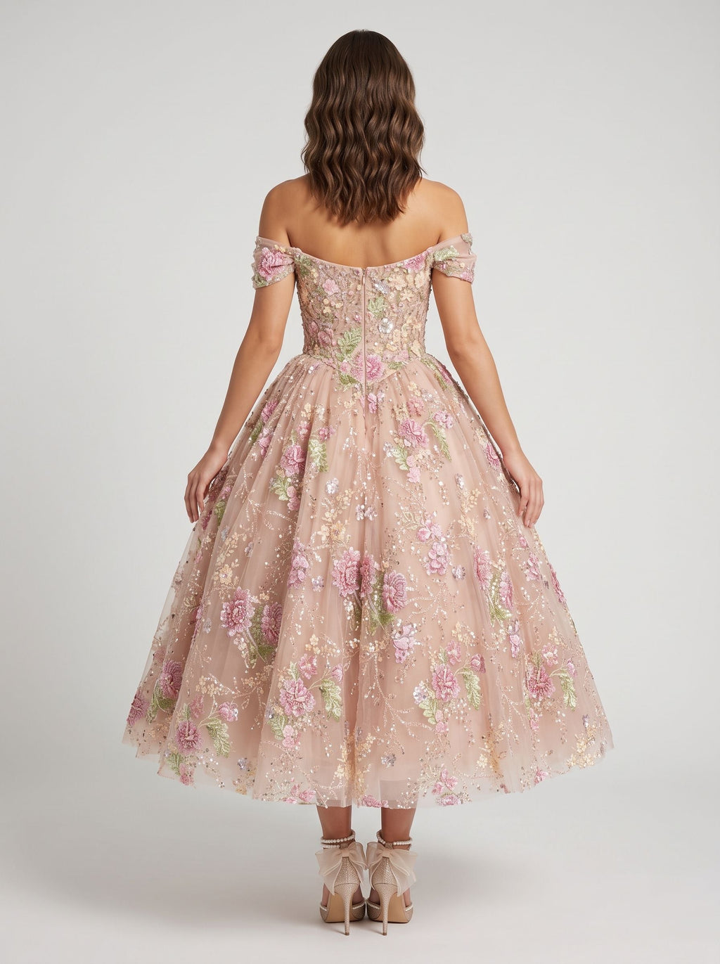 Petal Tulle A-Line Off-the-Shoulder Back Zip Tea-Length Dress with Beaded Flowers - Curvevia