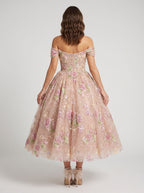 Petal Tulle A-Line Off-the-Shoulder Back Zip Tea-Length Dress with Beaded Flowers - Curvevia