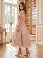 Petal Tulle A-Line Off-the-Shoulder Back Zip Tea-Length Dress with Beaded Flowers - Curvevia