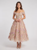 Petal Tulle A-Line Off-the-Shoulder Back Zip Tea-Length Dress with Beaded Flowers - Curvevia