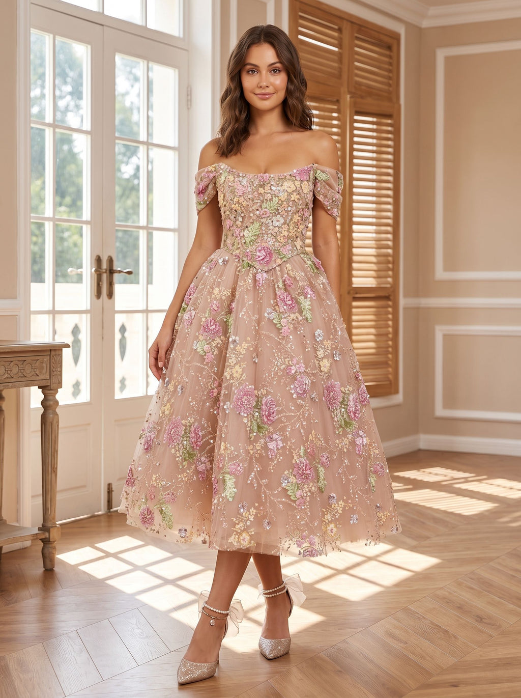 Petal Tulle A-Line Off-the-Shoulder Back Zip Tea-Length Dress with Beaded Flowers - Curvevia