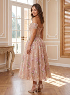 Petal Tulle A-Line Off-the-Shoulder Back Zip Tea-Length Dress with Beaded Flowers - Curvevia
