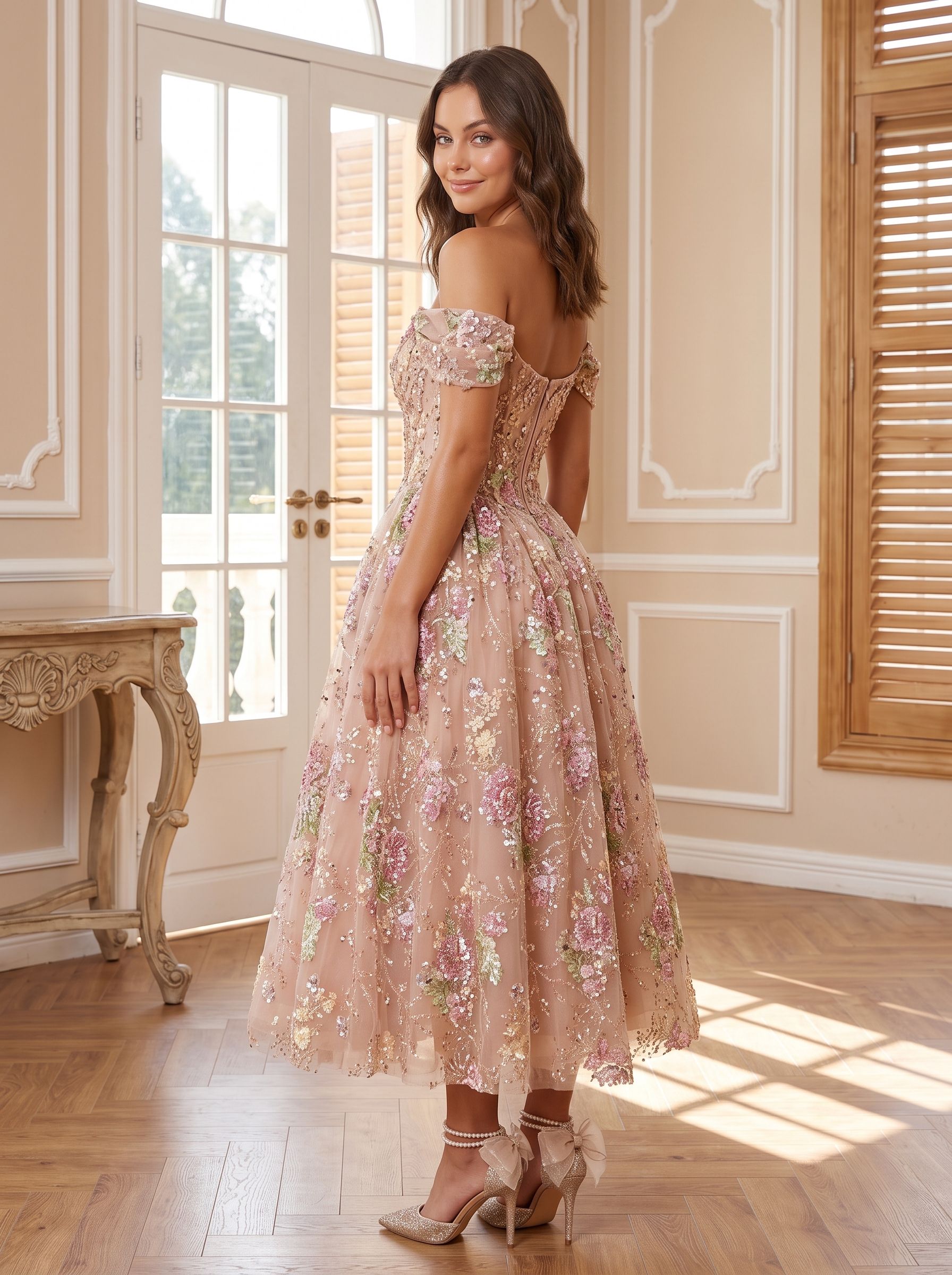Petal Tulle A-Line Off-the-Shoulder Back Zip Tea-Length Dress with Beaded Flowers - Curvevia