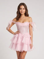 Blushing Pink Tulle A-Line Sweetheart Corset Back Short Dress with Cascading Ruffles - Curvevia