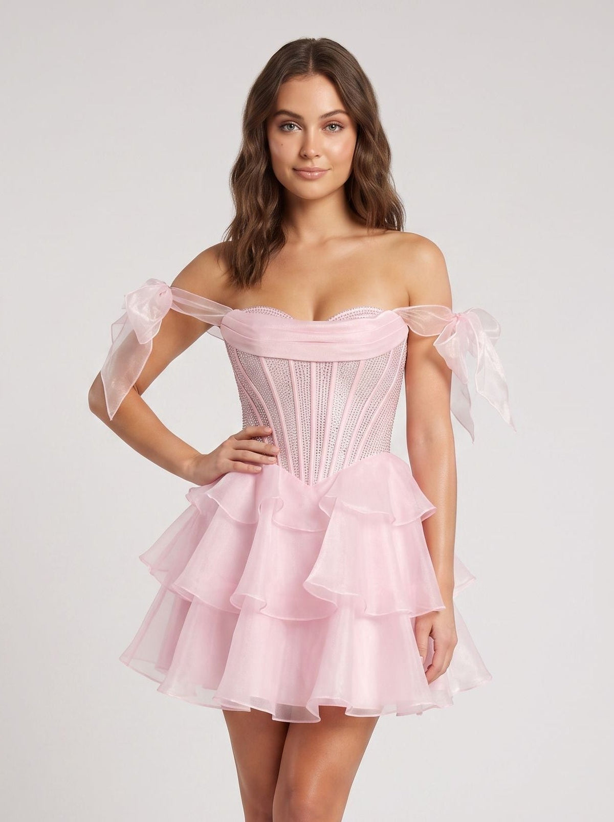 Blushing Pink Tulle A-Line Sweetheart Corset Back Short Dress with Cascading Ruffles - Curvevia