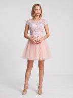 Pink Tulle A-Line Scoop Neck Lace-up Short Dress with Floral Appliques - Curvevia
