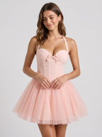 Blushing Pink Tulle A-Line Sweetheart Lace-up Short Dress with Corset Bodice - Curvevia