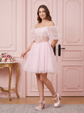 Petal Tulle A-Line Straight Neck Lace-Up Short Dress with Sequins - Curvevia