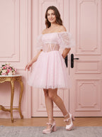Petal Tulle A-Line Straight Neck Lace-Up Short Dress with Sequins - Curvevia