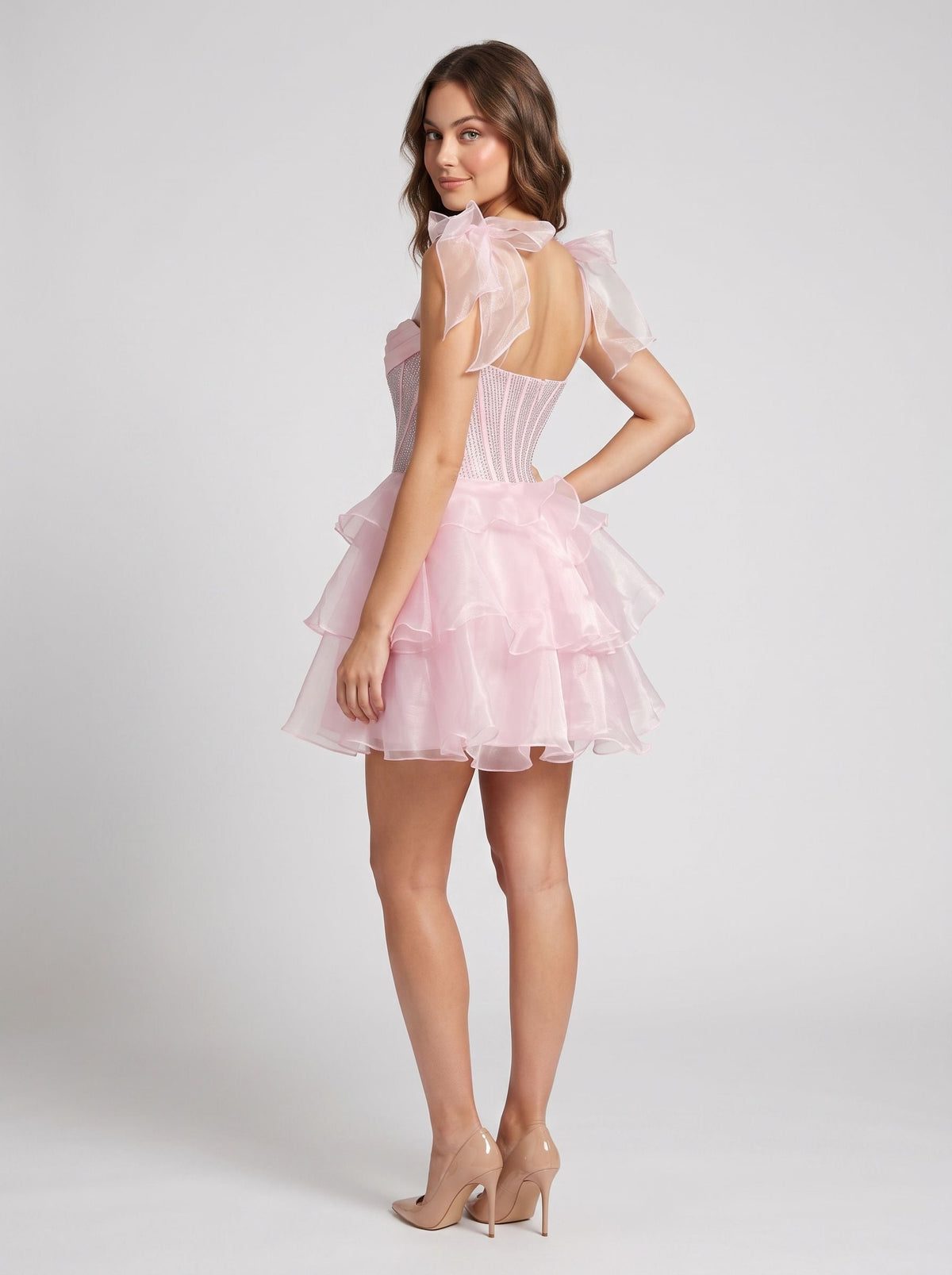 Blushing Pink Tulle A-Line Sweetheart Corset Back Short Dress with Cascading Ruffles - Curvevia