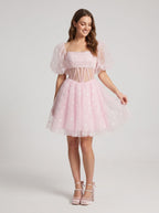 Petal Tulle A-Line Straight Neck Lace-Up Short Dress with Sequins - Curvevia