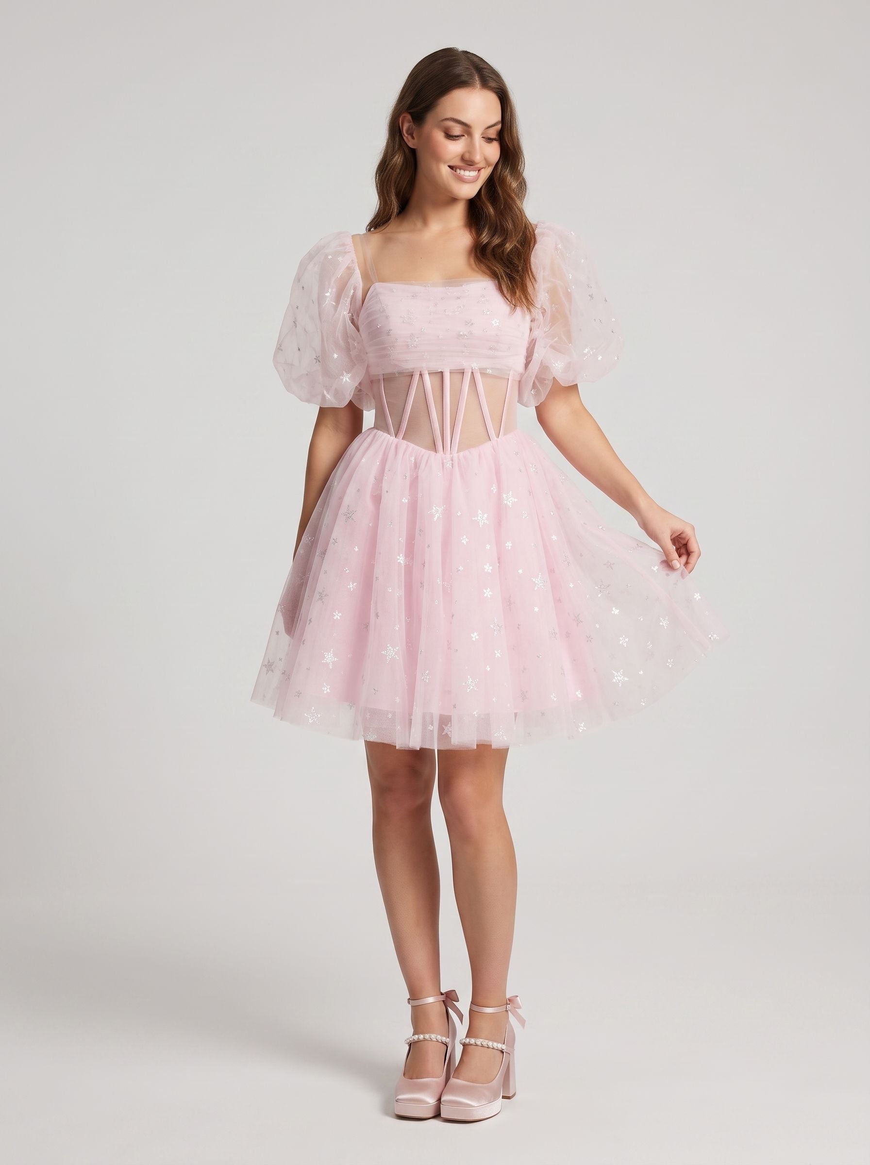 Petal Tulle A-Line Straight Neck Lace-Up Short Dress with Sequins - Curvevia
