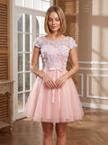 Pink Tulle A-Line Scoop Neck Lace-up Short Dress with Floral Appliques - Curvevia