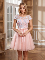 Pink Tulle A-Line Scoop Neck Lace-up Short Dress with Floral Appliques - Curvevia
