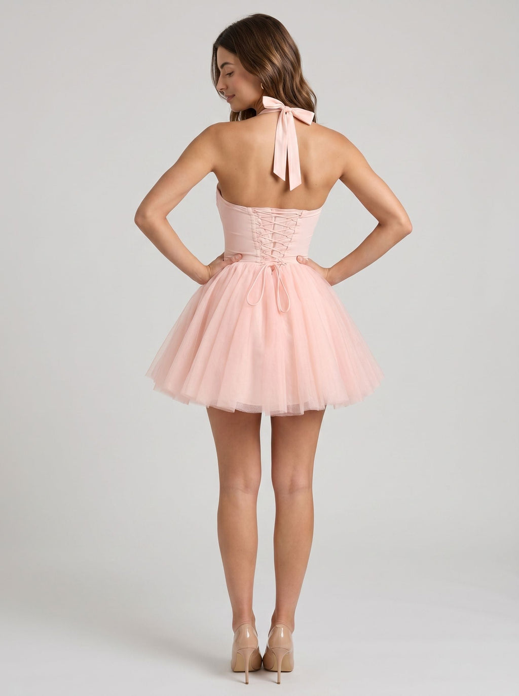 Blushing Pink Tulle A-Line Sweetheart Lace-up Short Dress with Corset Bodice - Curvevia
