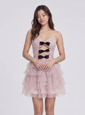 Blushing Pink Tulle A-Line Sweetheart Back Zip Short Dress with Bow - Curvevia