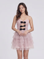 Blushing Pink Tulle A-Line Sweetheart Back Zip Short Dress with Bow - Curvevia