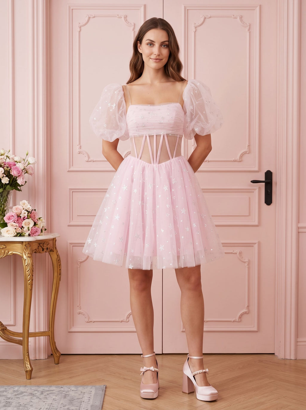 Petal Tulle A-Line Straight Neck Lace-Up Short Dress with Sequins - Curvevia