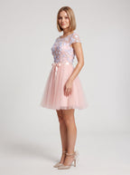 Pink Tulle A-Line Scoop Neck Lace-up Short Dress with Floral Appliques - Curvevia