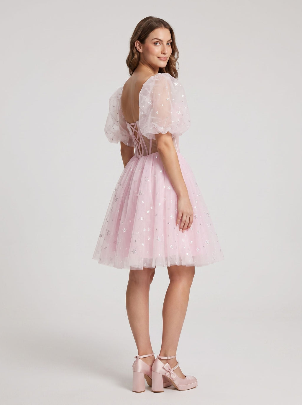 Petal Tulle A-Line Straight Neck Lace-Up Short Dress with Sequins - Curvevia