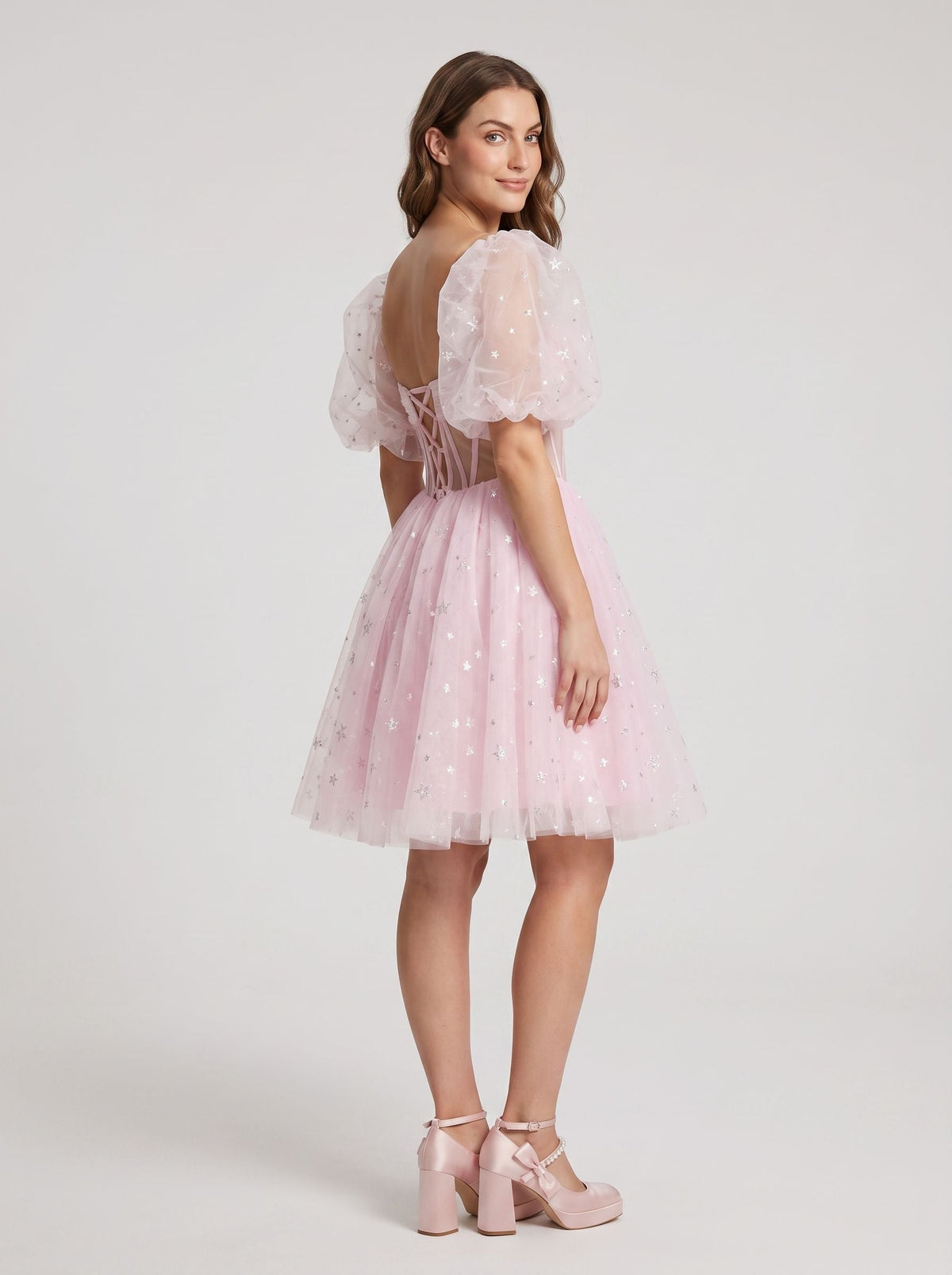 Petal Tulle A-Line Straight Neck Lace-Up Short Dress with Sequins - Curvevia