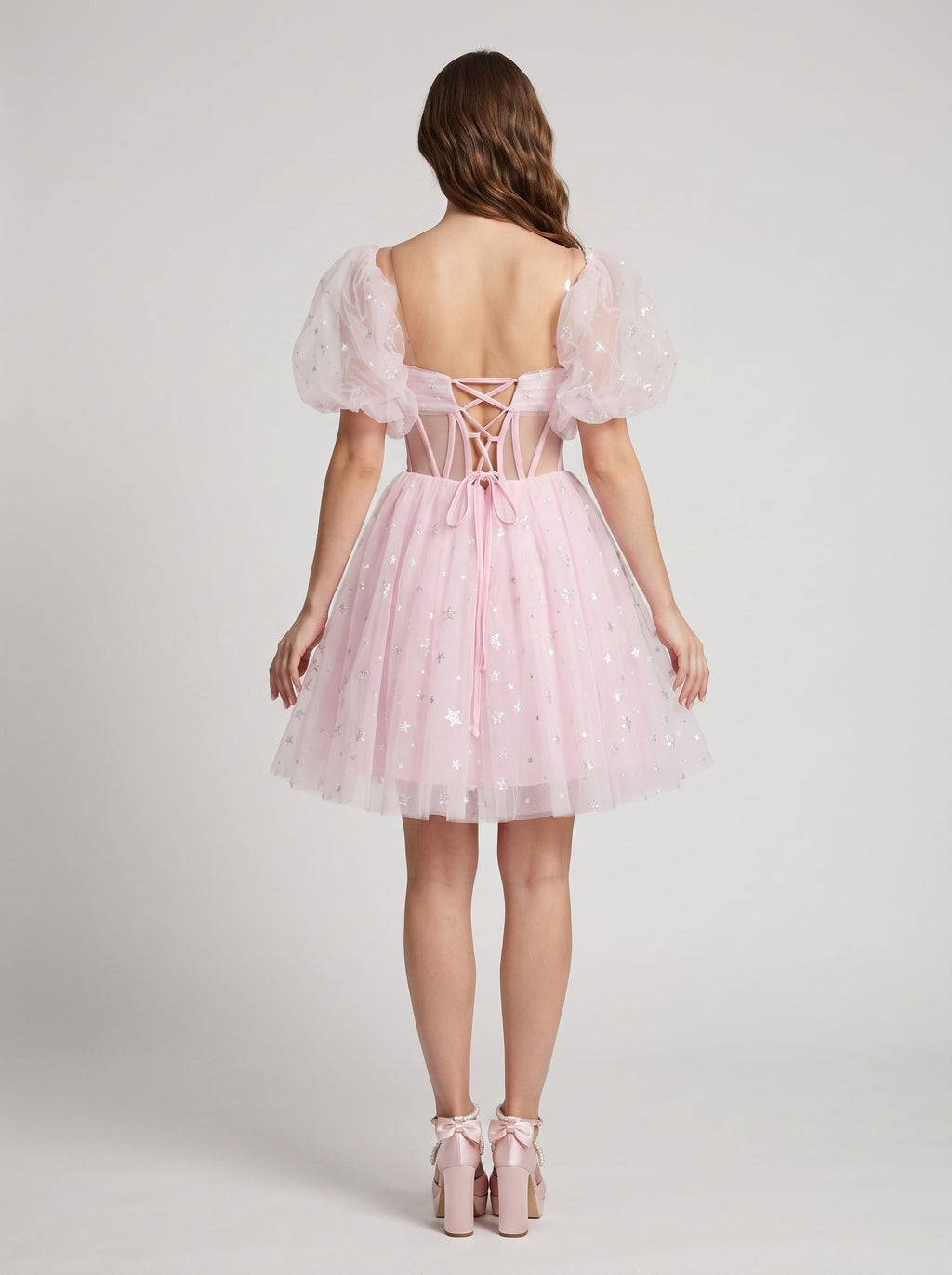 Petal Tulle A-Line Straight Neck Lace-Up Short Dress with Sequins - Curvevia