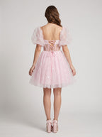 Petal Tulle A-Line Straight Neck Lace-Up Short Dress with Sequins - Curvevia