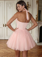Blushing Pink Tulle A-Line Sweetheart Lace-up Short Dress with Corset Bodice - Curvevia