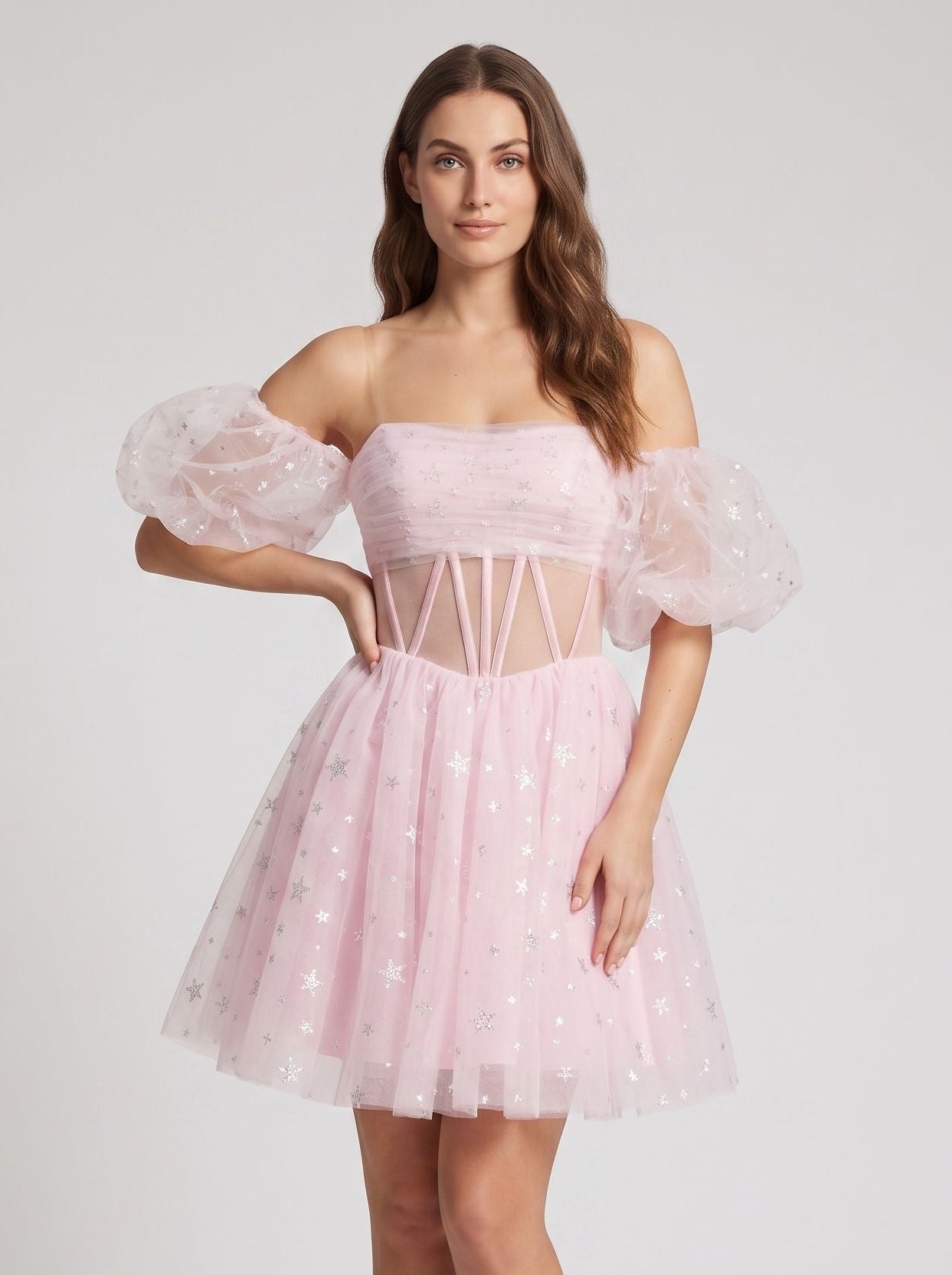 Petal Tulle A-Line Straight Neck Lace-Up Short Dress with Sequins - Curvevia