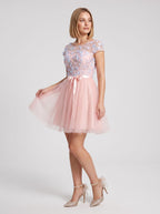 Pink Tulle A-Line Scoop Neck Lace-up Short Dress with Floral Appliques - Curvevia