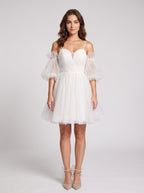 White Tulle A-Line Off-the-Shoulder Lace-up Short Dress with Spaghetti Straps - Curvevia