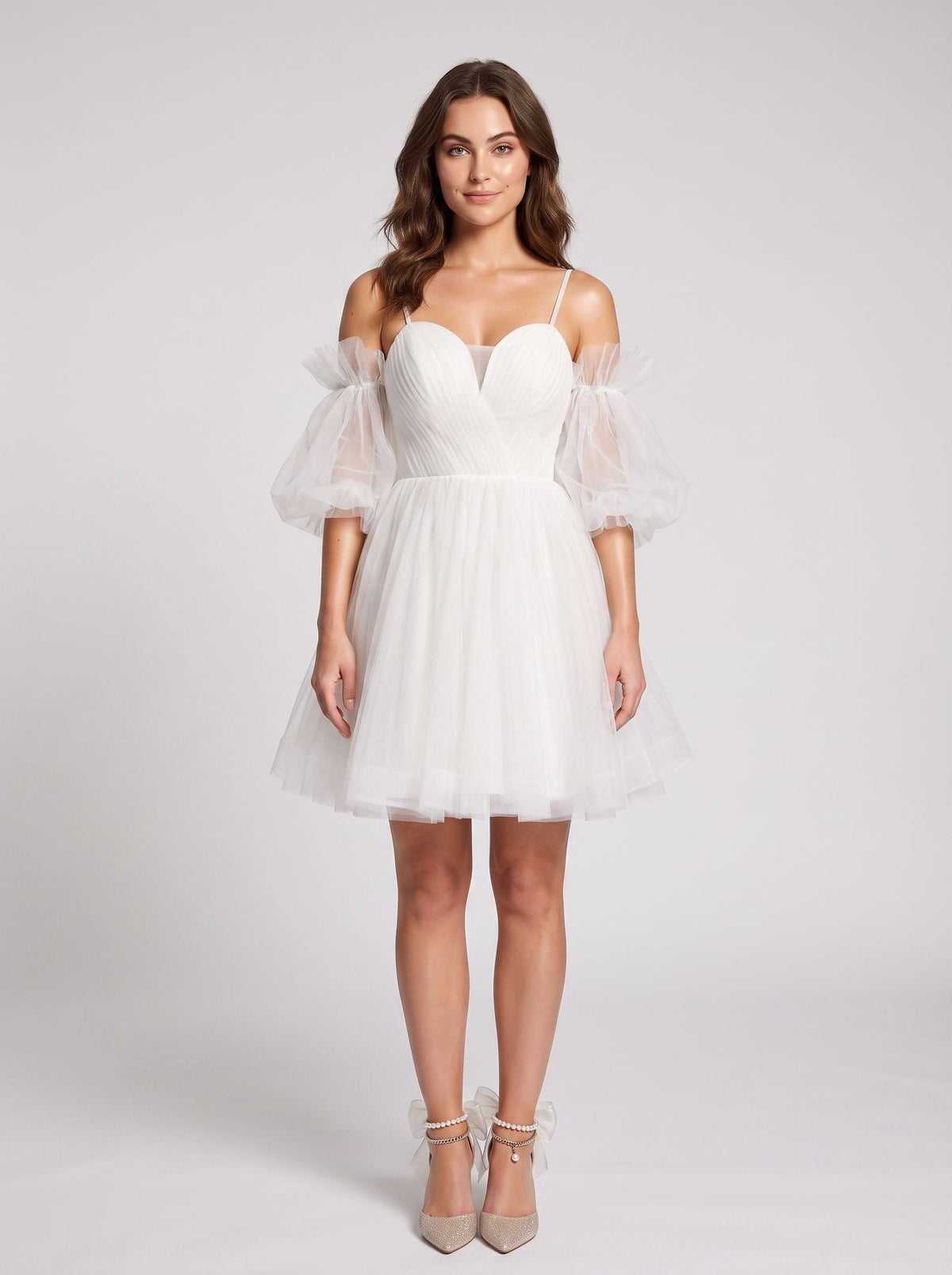 White Tulle A-Line Off-the-Shoulder Lace-up Short Dress with Spaghetti Straps - Curvevia