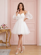 White Tulle A-Line Off-the-Shoulder Lace-up Short Dress with Spaghetti Straps - Curvevia