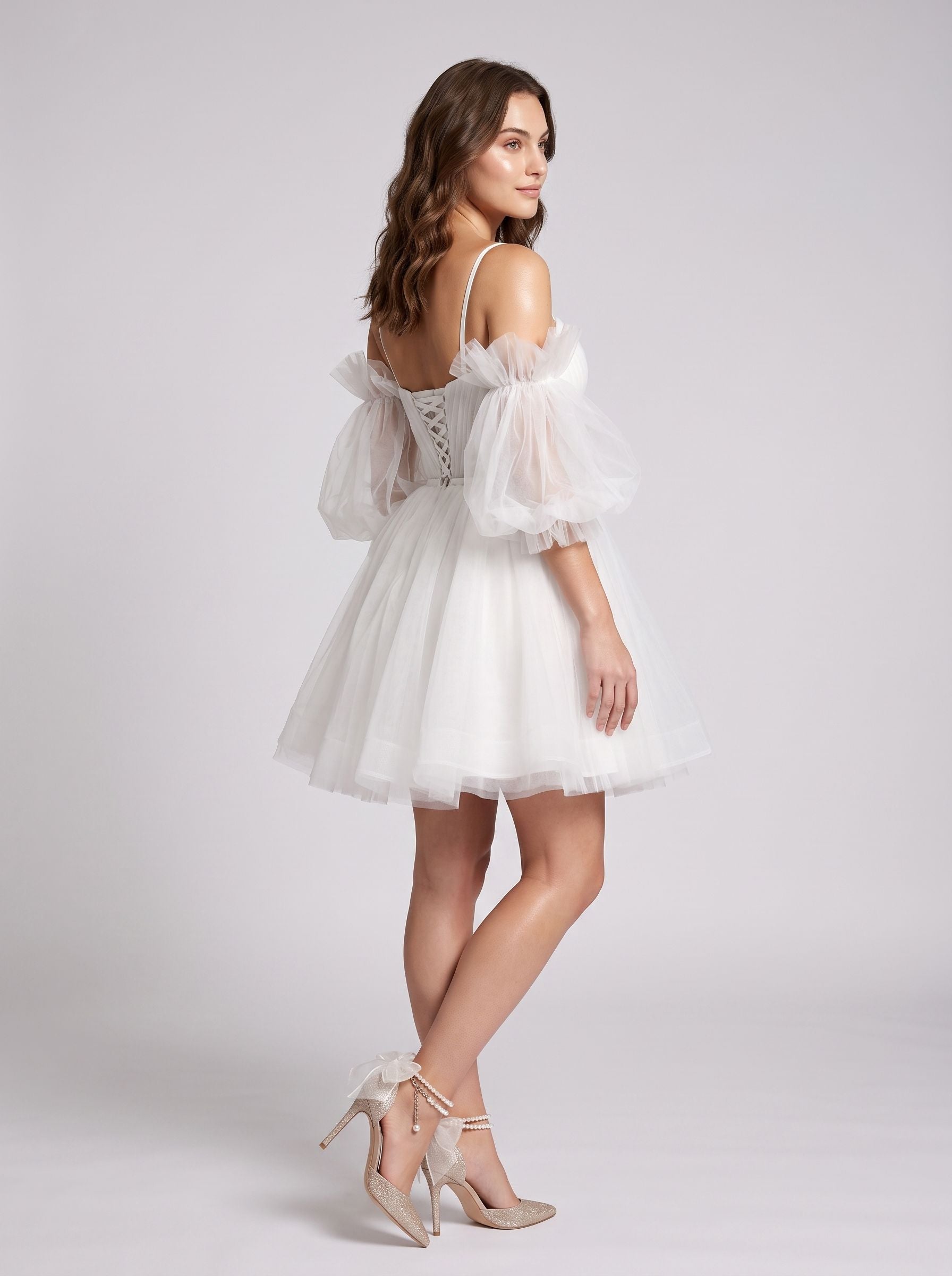 White Tulle A-Line Off-the-Shoulder Lace-up Short Dress with Spaghetti Straps - Curvevia