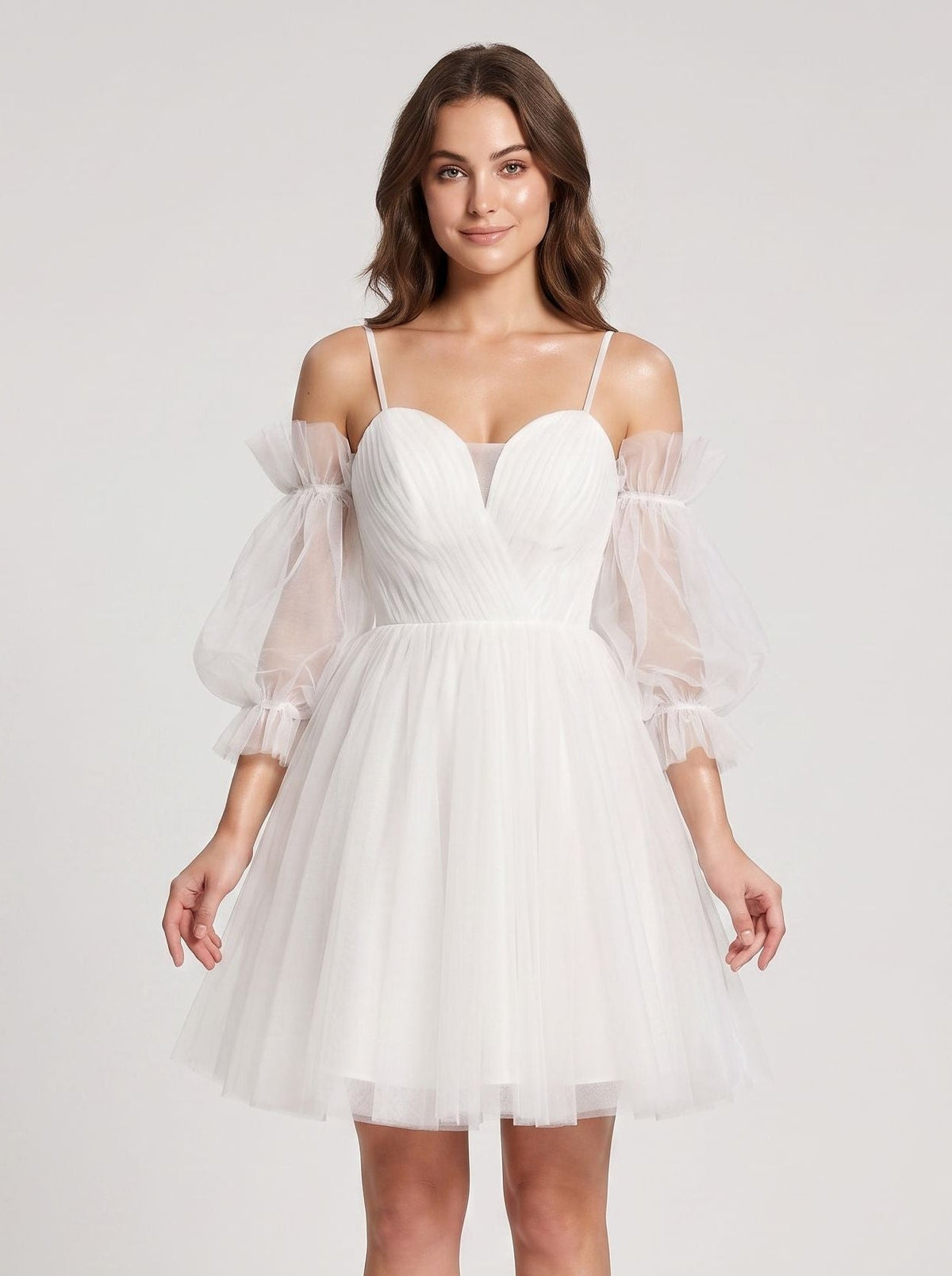 White Tulle A-Line Off-the-Shoulder Lace-up Short Dress with Spaghetti Straps - Curvevia