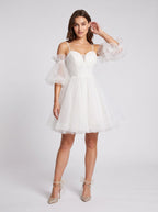 White Tulle A-Line Off-the-Shoulder Lace-up Short Dress with Spaghetti Straps - Curvevia