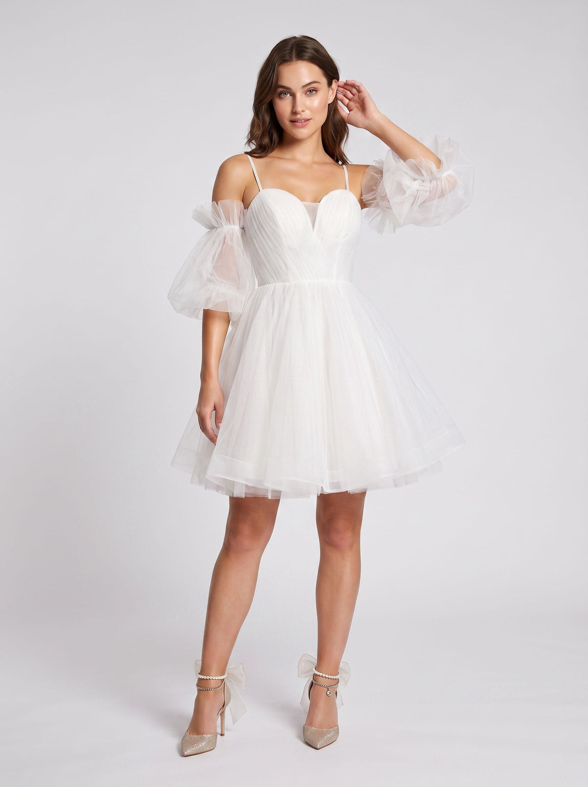 White Tulle A-Line Off-the-Shoulder Lace-up Short Dress with Spaghetti Straps - Curvevia
