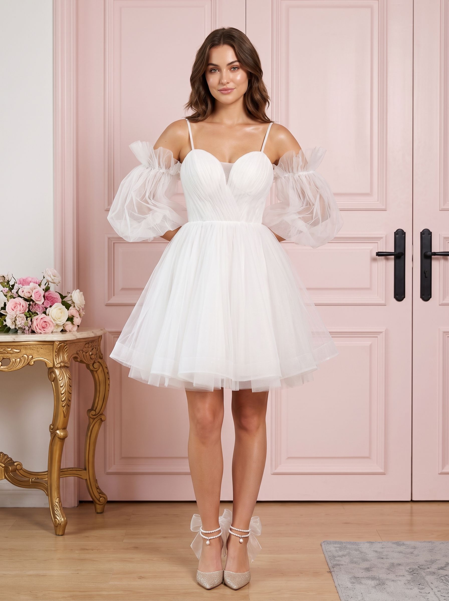 White Tulle A-Line Off-the-Shoulder Lace-up Short Dress with Spaghetti Straps - Curvevia