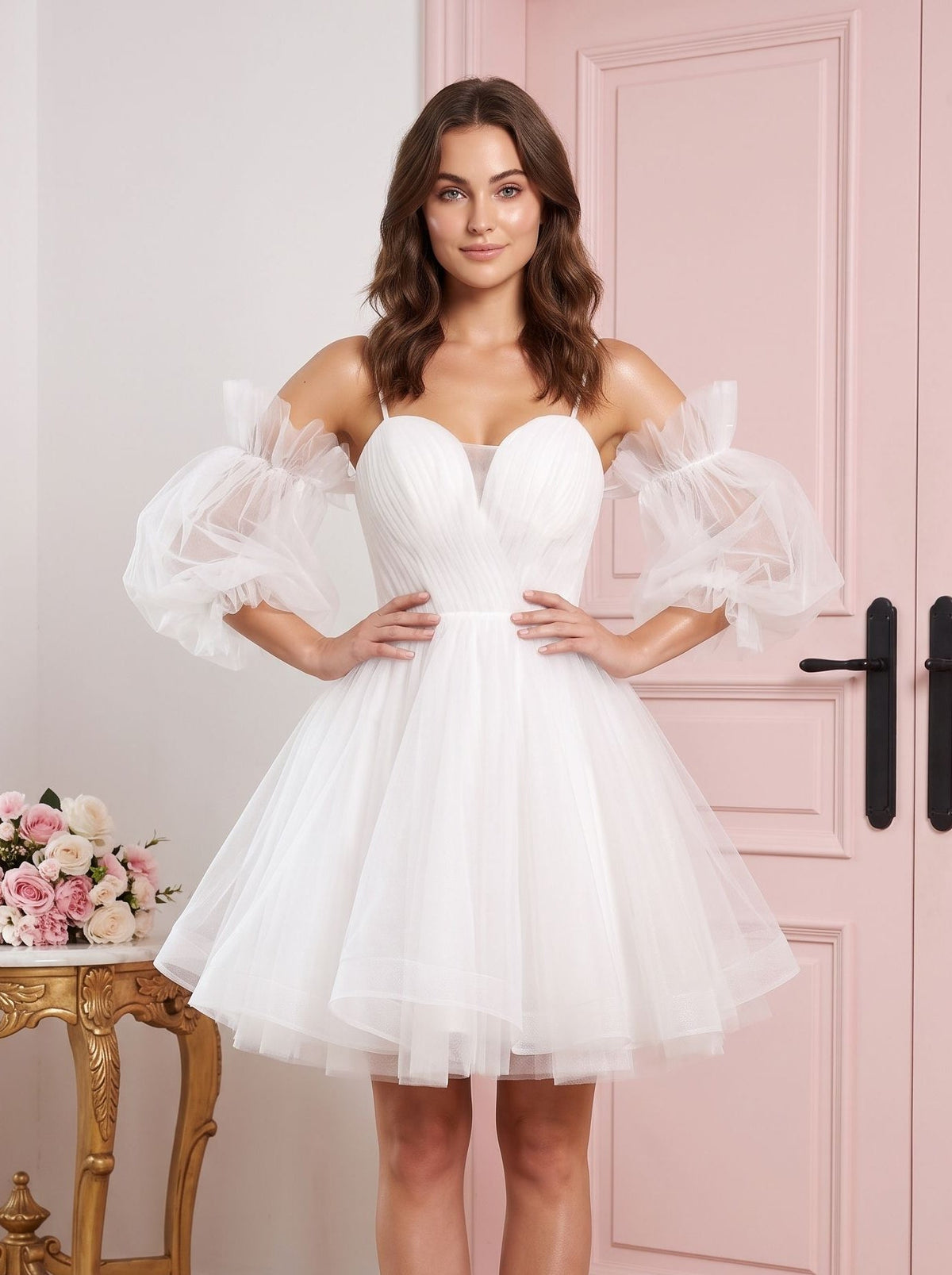 White Tulle A-Line Off-the-Shoulder Lace-up Short Dress with Spaghetti Straps - Curvevia