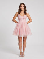 Petal Tulle A-Line Sweetheart Corset Back Short Dress with Ruched Bodice - Curvevia
