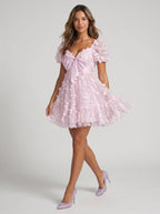 Lilac Tulle A-Line Sweetheart Back Zip Short Dress with Puff Sleeves - Curvevia