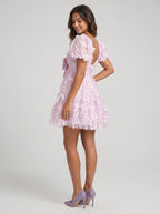 Lilac Tulle A-Line Sweetheart Back Zip Short Dress with Puff Sleeves - Curvevia