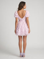 Lilac Tulle A-Line Sweetheart Back Zip Short Dress with Puff Sleeves - Curvevia