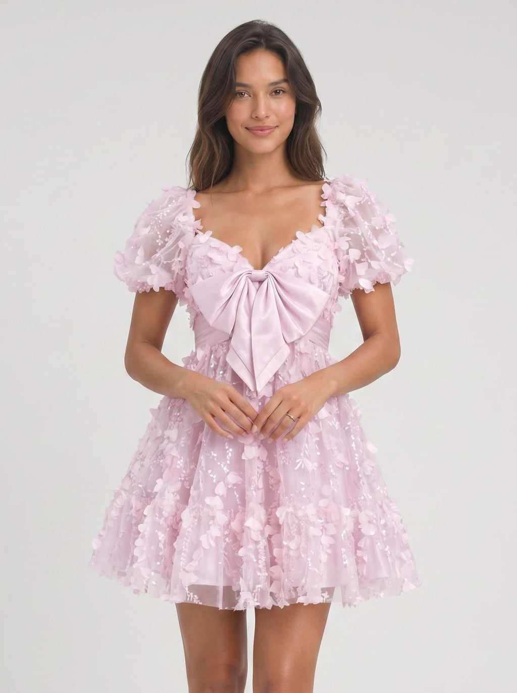 Lilac Tulle A-Line Sweetheart Back Zip Short Dress with Puff Sleeves - Curvevia