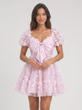 Lilac Tulle A-Line Sweetheart Back Zip Short Dress with Puff Sleeves - Curvevia