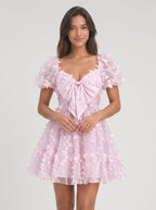 Lilac Tulle A-Line Sweetheart Back Zip Short Dress with Puff Sleeves - Curvevia