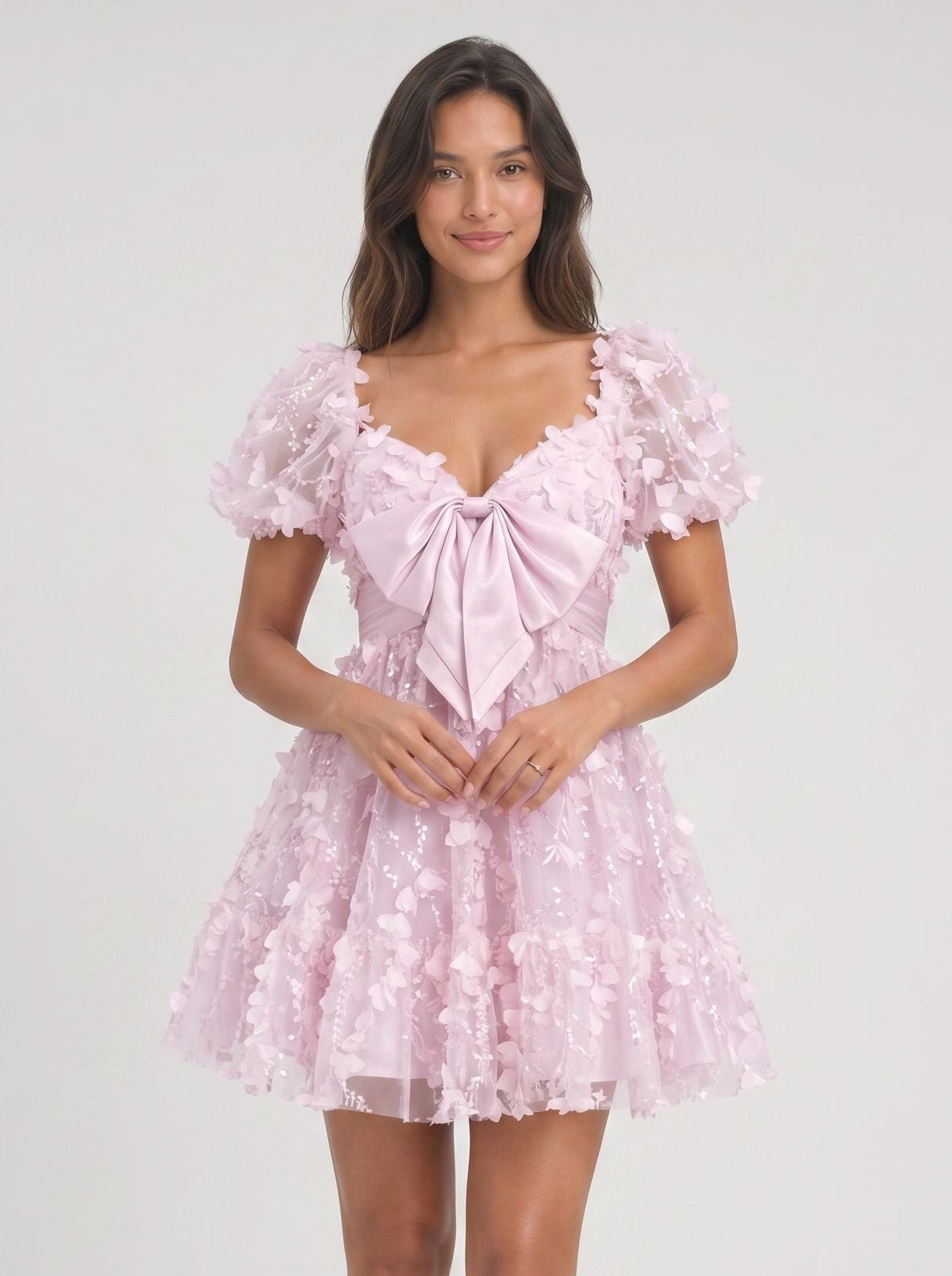 Lilac Tulle A-Line Sweetheart Back Zip Short Dress with Puff Sleeves - Curvevia